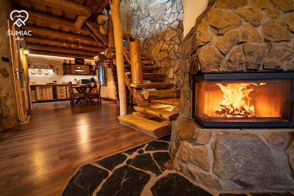 Living room, fireplace, kitchen