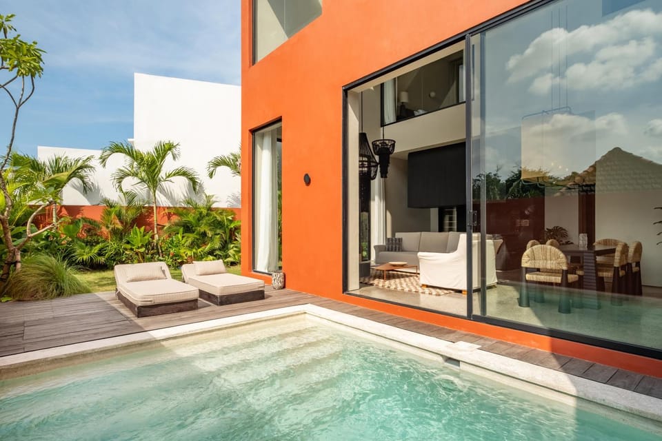 Property building, Patio, Day, Natural landscape, Garden, View (from property/room), Balcony/Terrace, Living room, Seating area, Garden view, Pool view, Swimming pool, sunbed