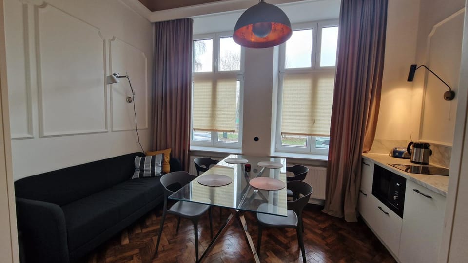 Kitchen or kitchenette, Living room, Seating area, Dining area, stove