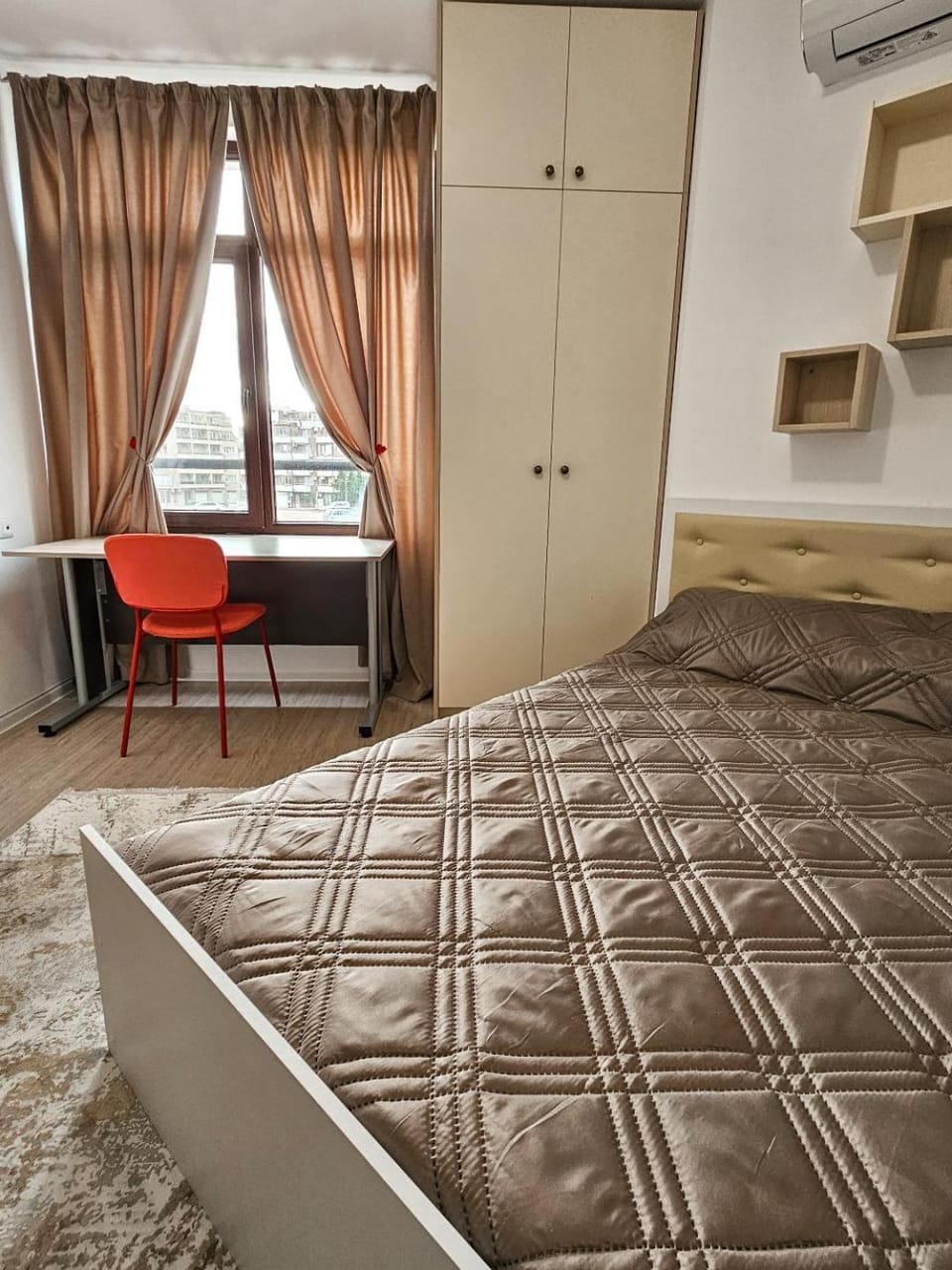 Bed, wardrobe