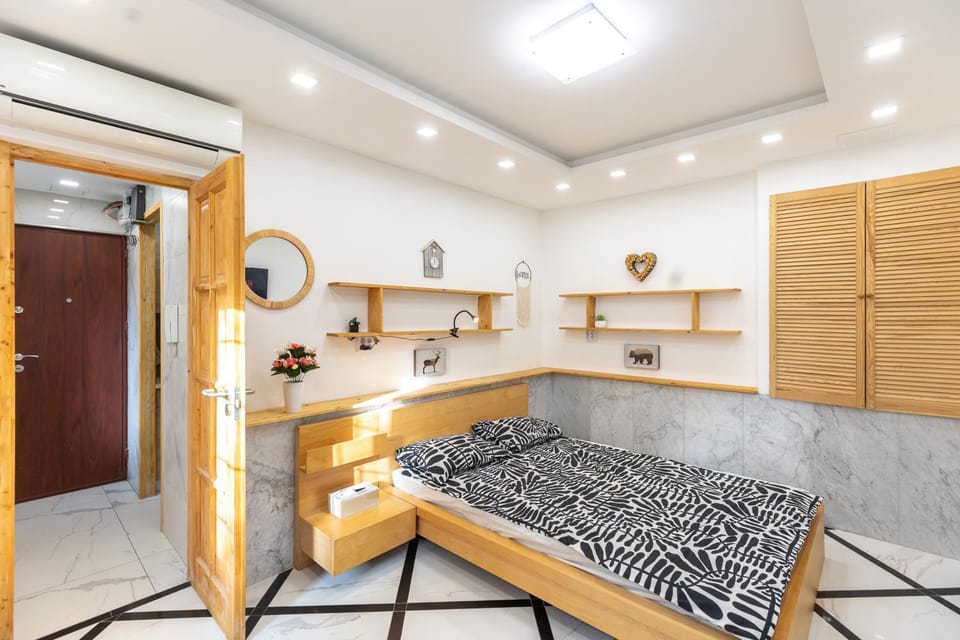 Bed, wardrobe