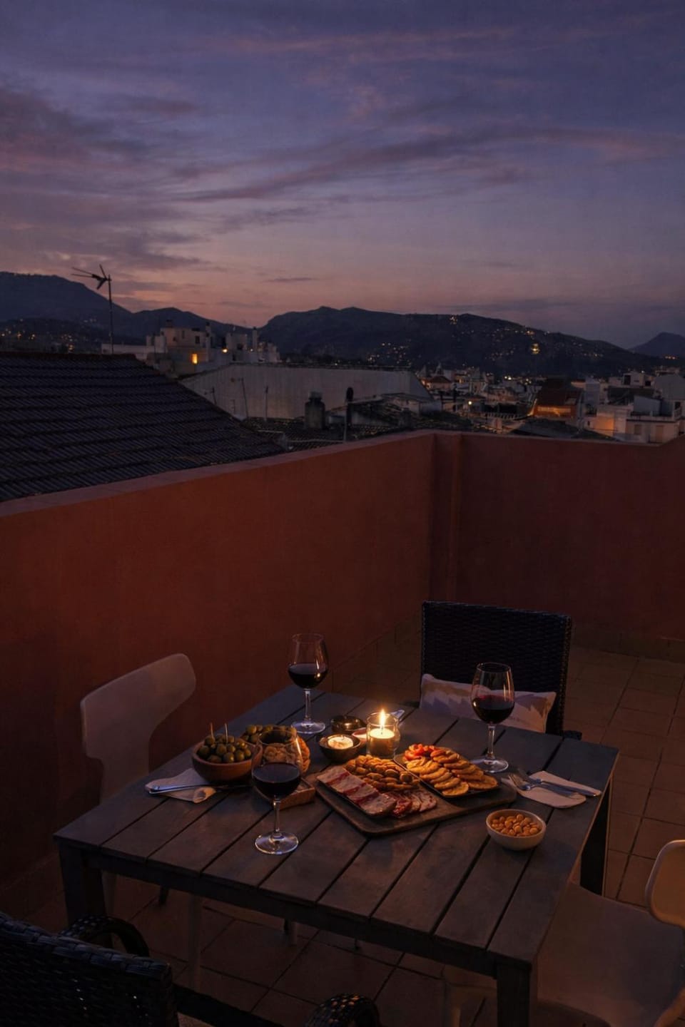 Night, Balcony/Terrace, Food and drinks, Mountain view