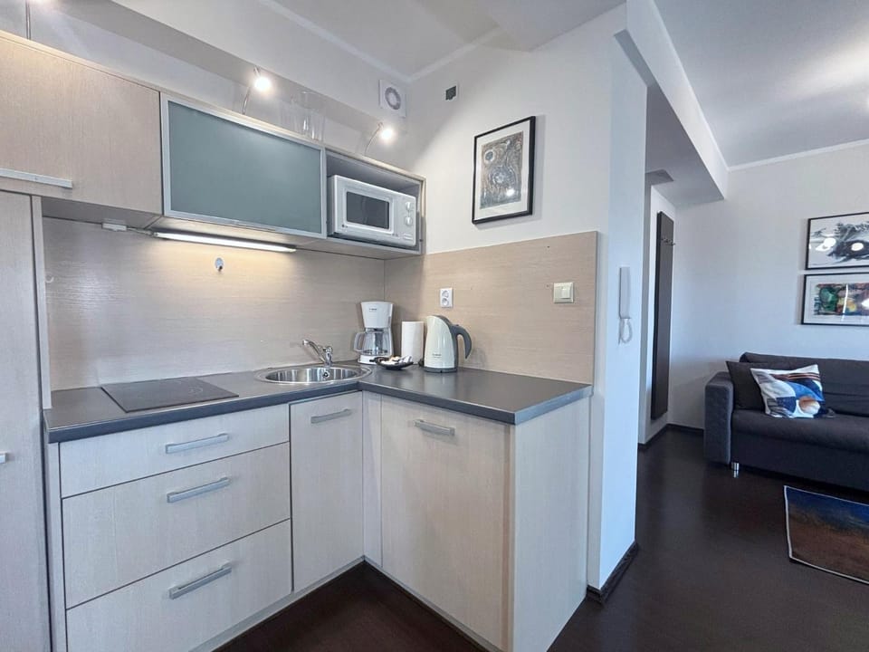 Kitchen or kitchenette, microwave