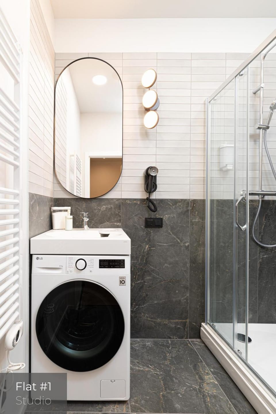 Shower, Bathroom, towels, washing machine, dryer