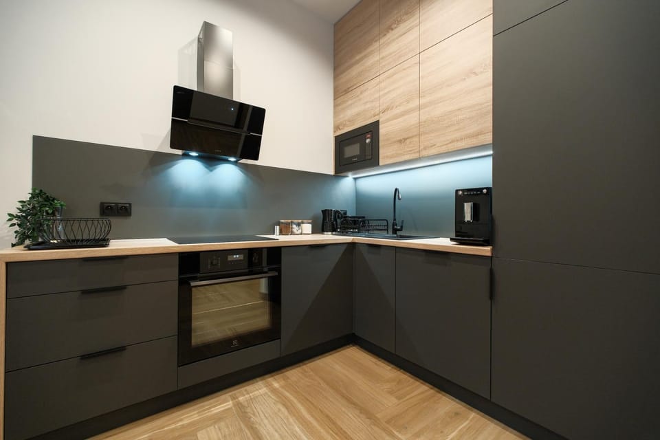 Kitchen or kitchenette, dishwasher, oven, stove