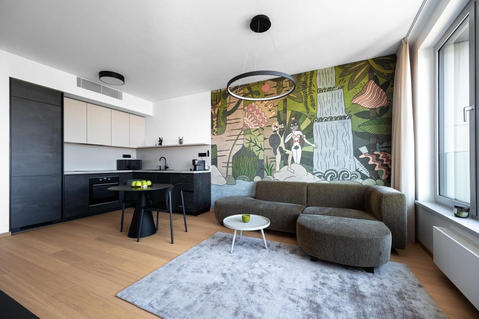 Kitchen or kitchenette, Living room, Seating area, Dining area, stove