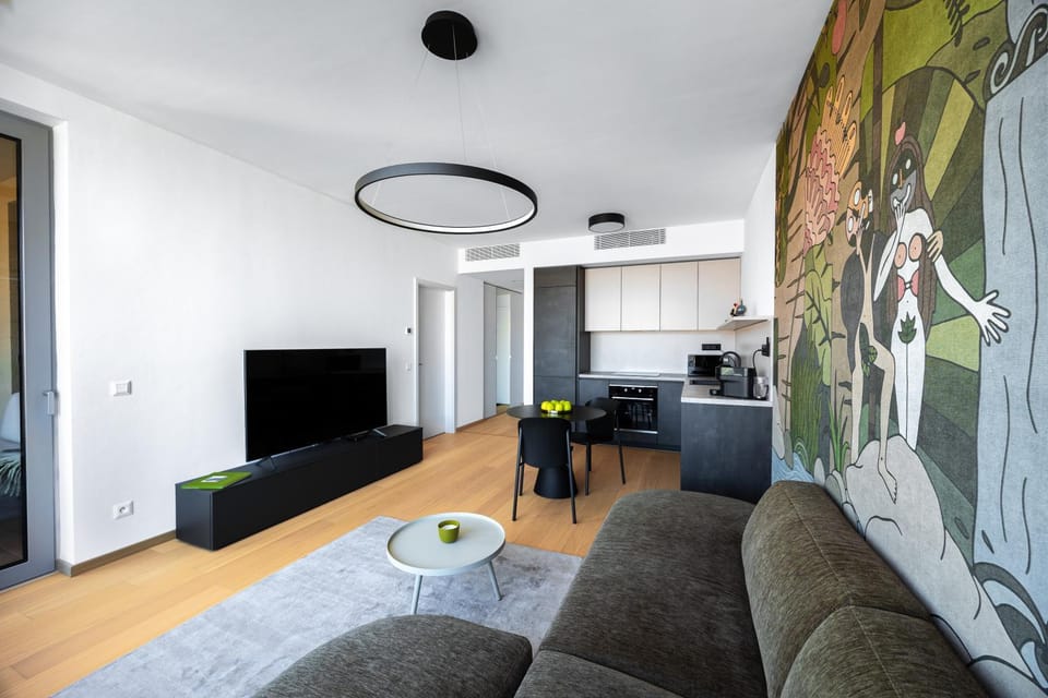 Kitchen or kitchenette, Living room, Seating area, Dining area