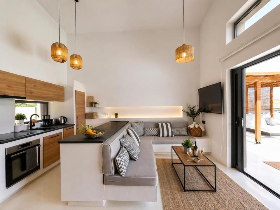 TV and multimedia, Living room, Seating area, Pool view, oven, kitchen