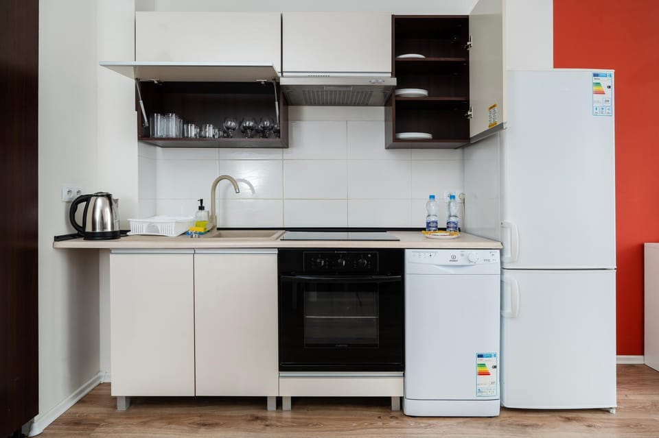 Kitchen or kitchenette, dishwasher, oven, stove
