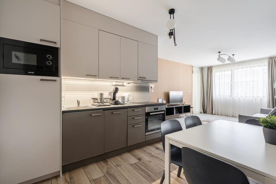Kitchen or kitchenette, dishwasher, stove, toaster