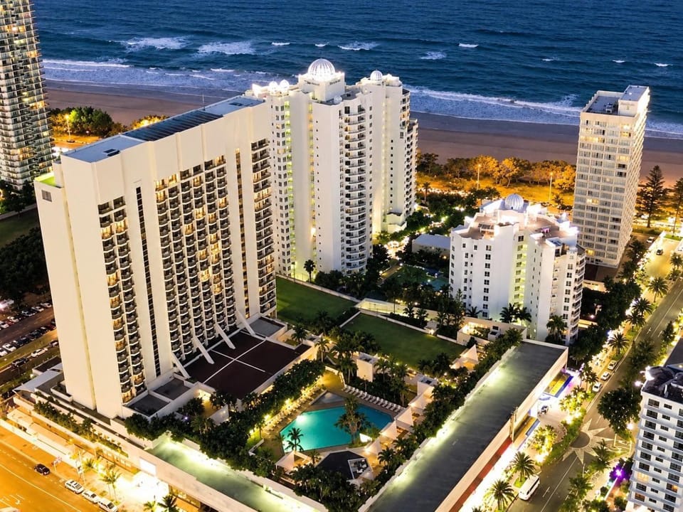 Property building, Night, Bird's eye view, Beach, Pool view, Sea view, Swimming pool