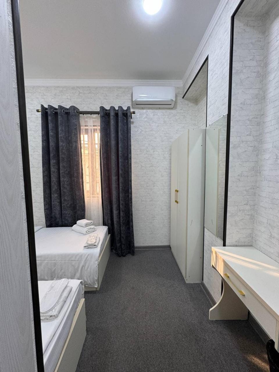 Bed, Bathroom, Photo of the whole room, Bedroom, towels, wardrobe, air conditioner