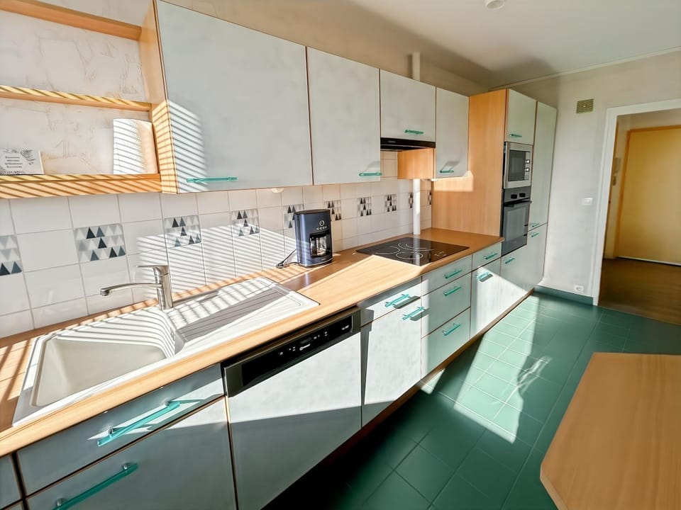 Kitchen or kitchenette, dishwasher, oven, stove
