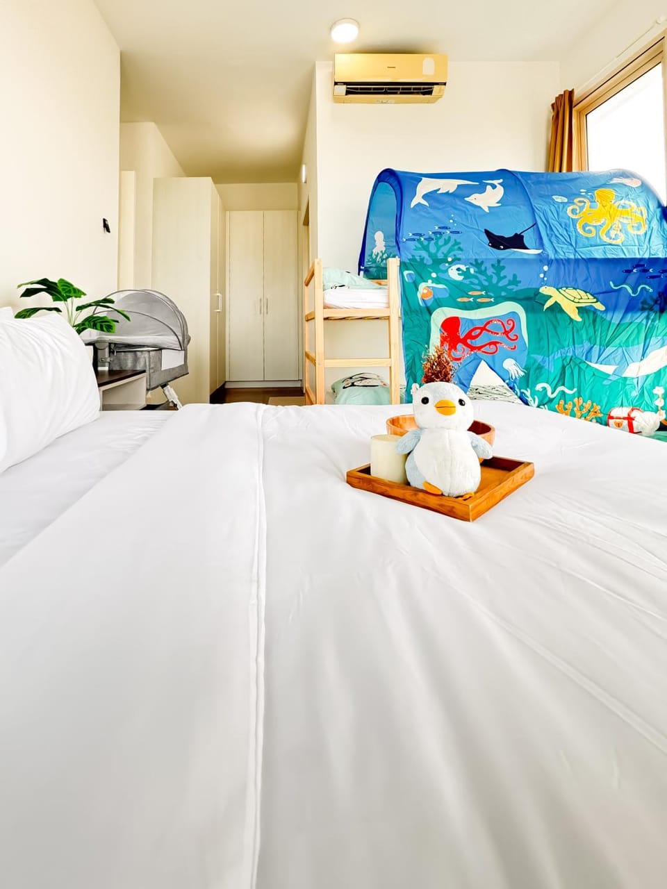 Bed, Photo of the whole room, Bedroom, bunk bed, flat iron, hair dryier, towels, wardrobe, air conditioner, air conditioner