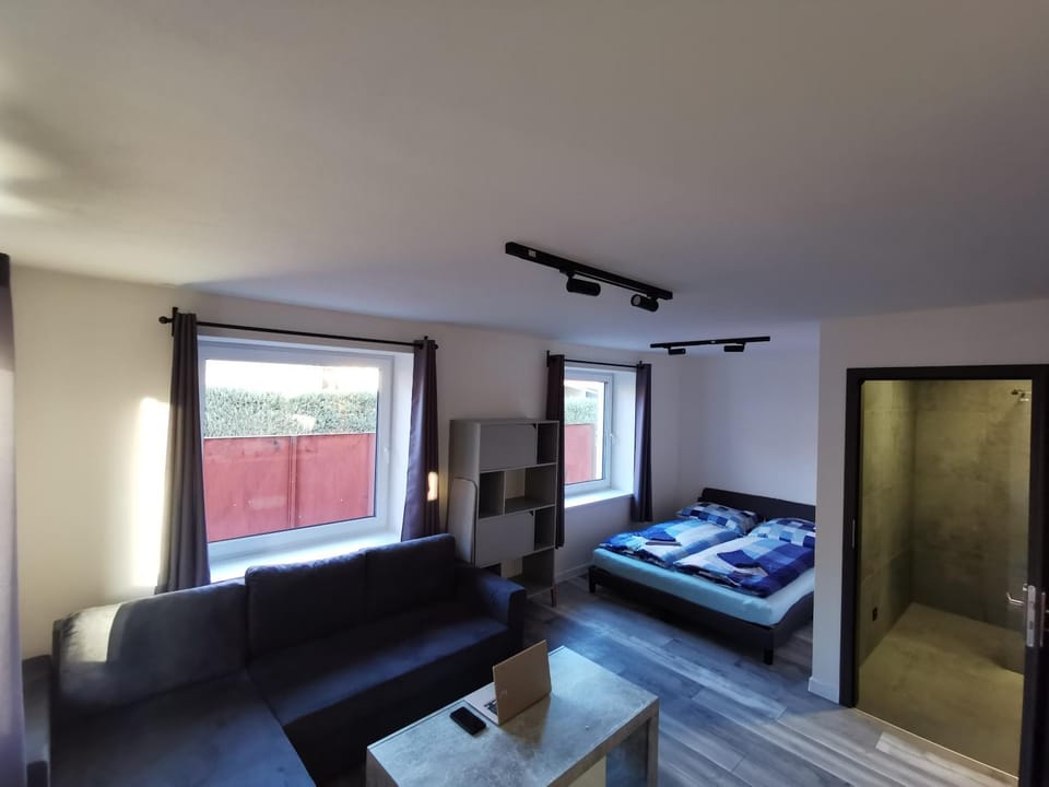 Bed, Living room, Seating area