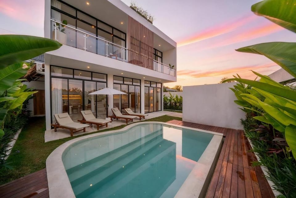 Property building, Pool view, Sunset