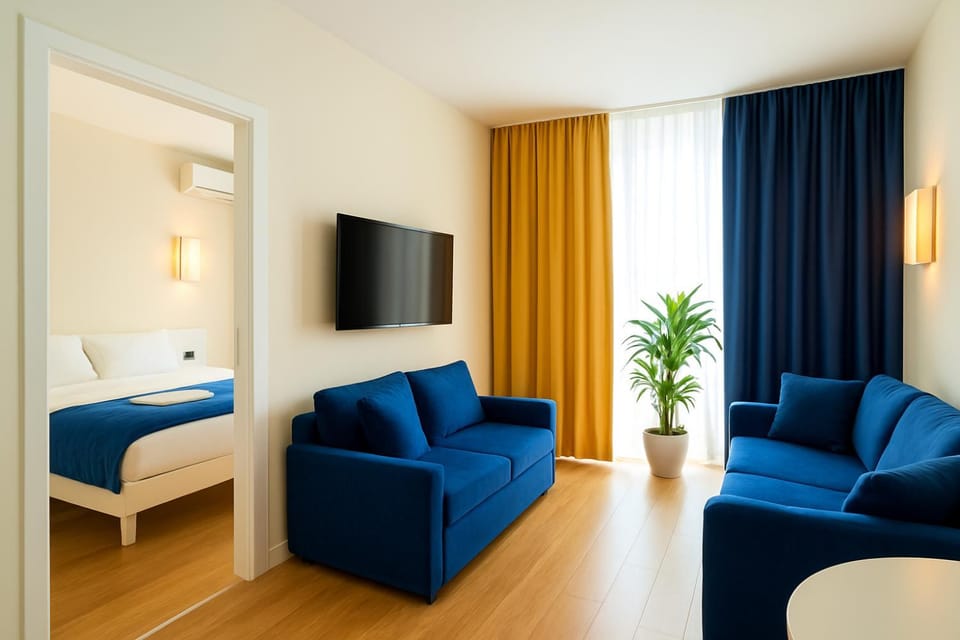 Communal lounge/ TV room, Bed, TV and multimedia, Living room, Photo of the whole room, Seating area, Evening entertainment, Bedroom