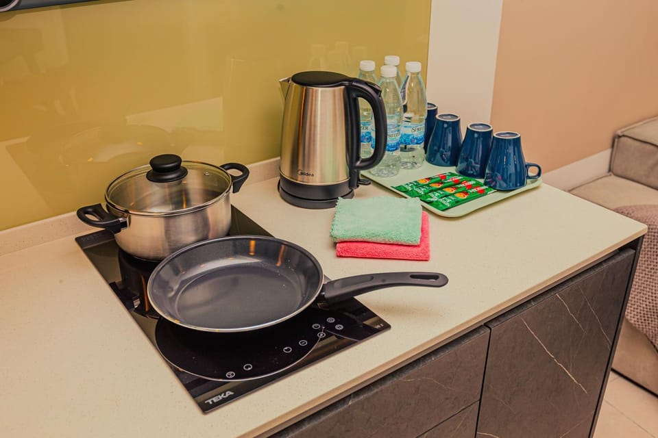 Kitchen or kitchenette, stove