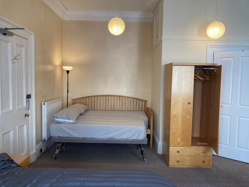 Bed, wardrobe