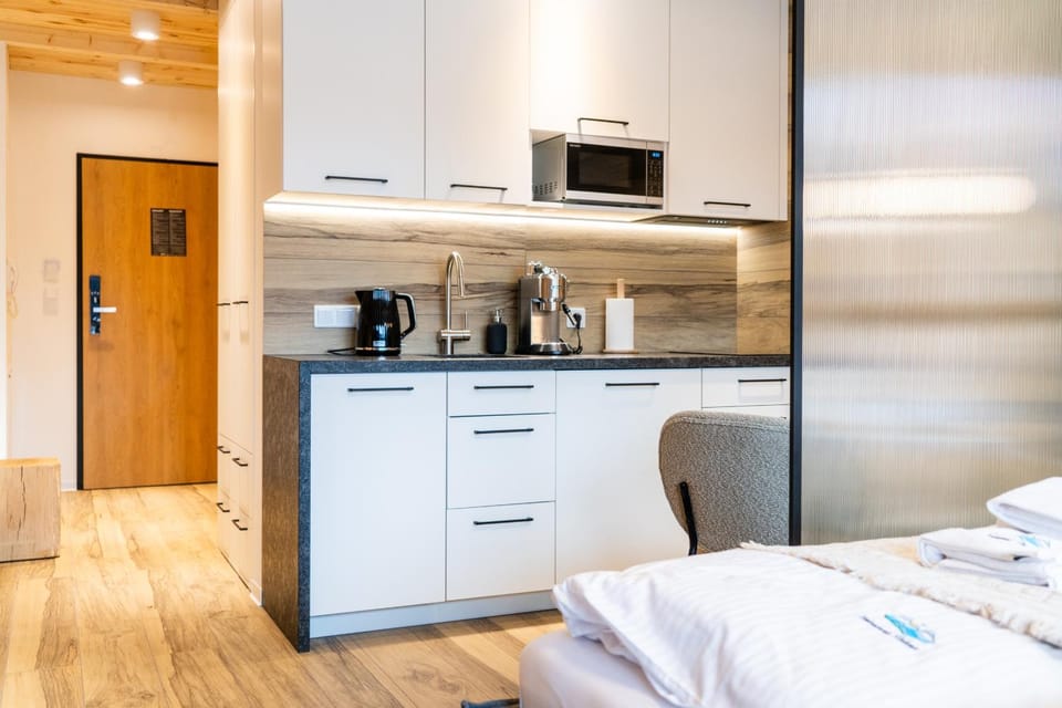 Kitchen or kitchenette, stove