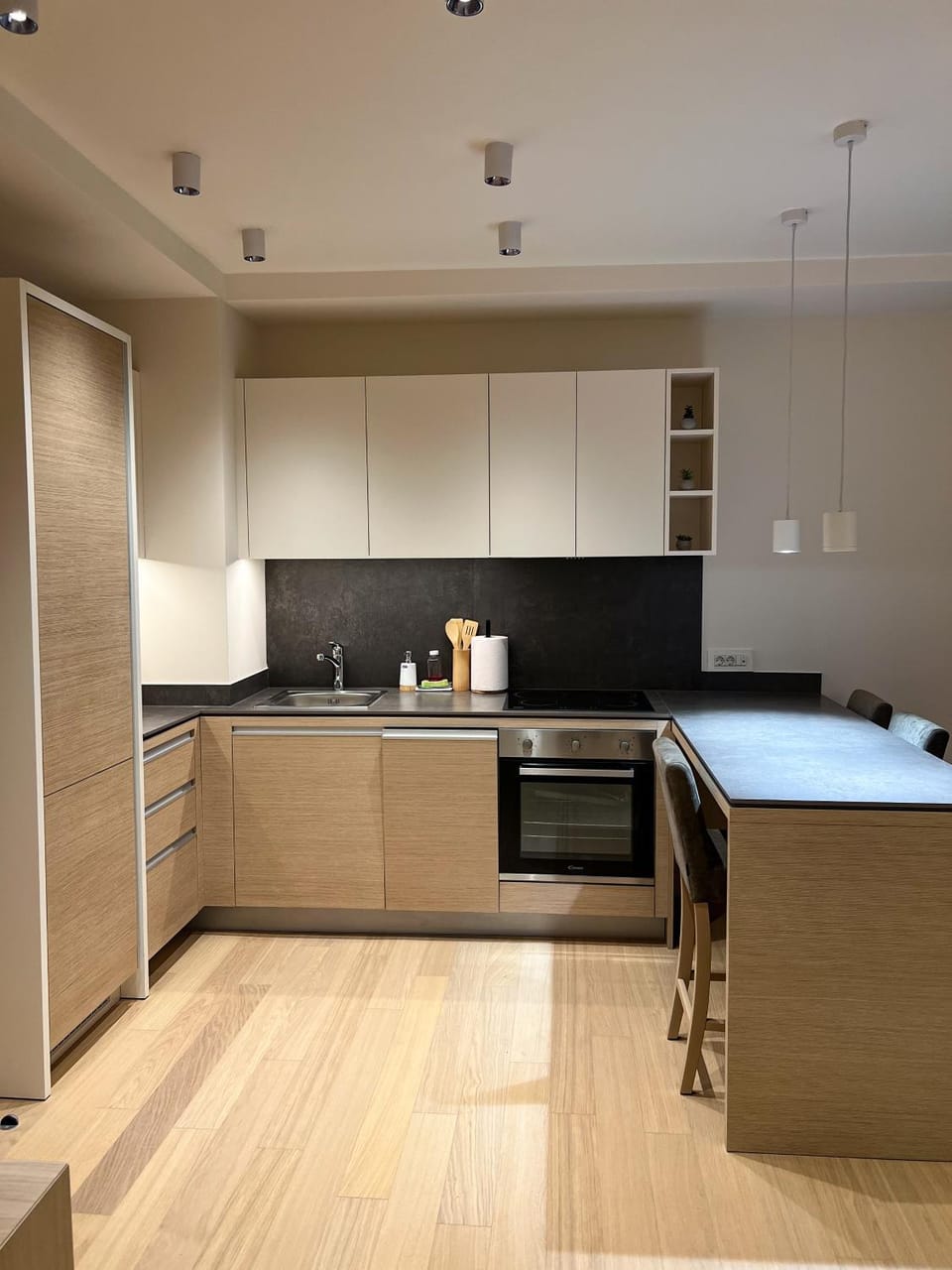 Kitchen or kitchenette, dishwasher, oven, stove