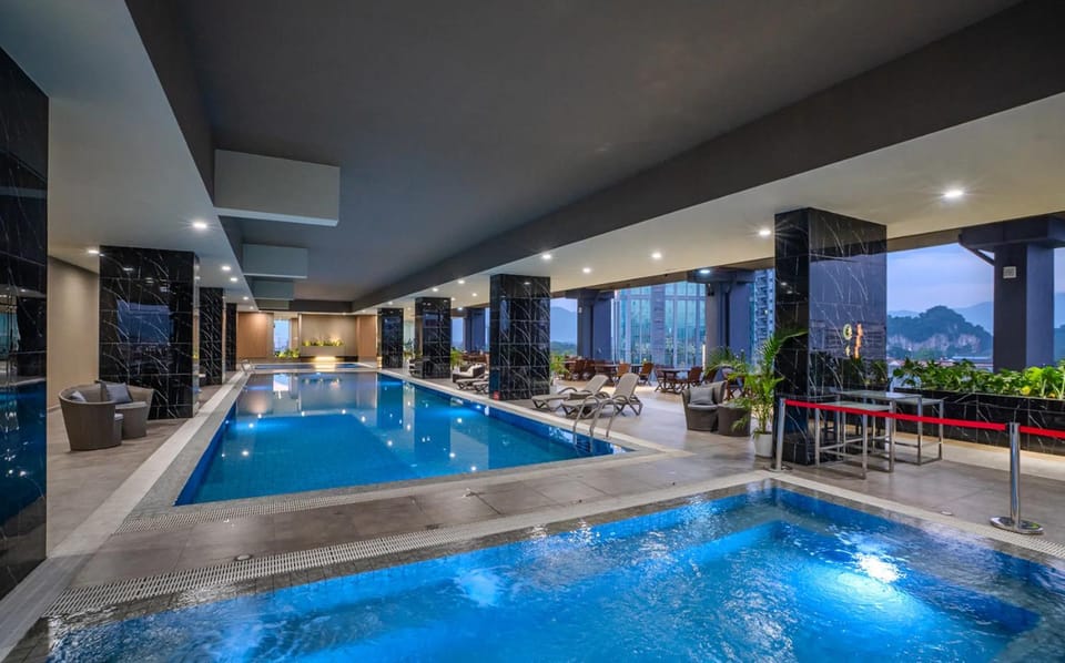 Night, Dining area, Swimming pool