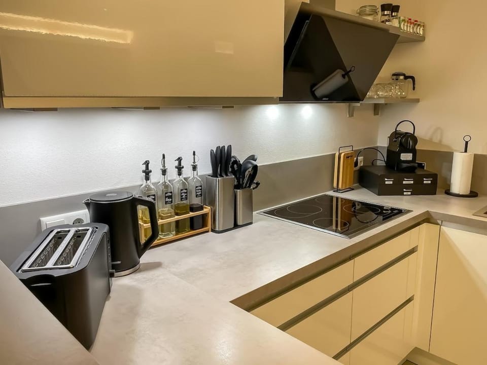 Kitchen or kitchenette, dishwasher, stove, toaster