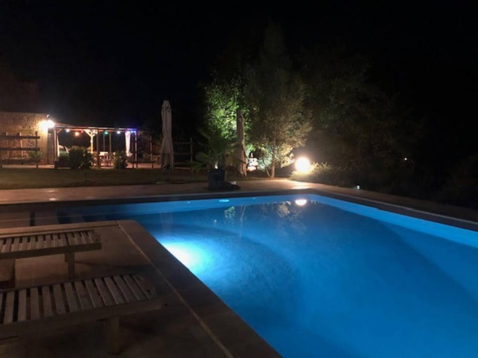 Night, Garden, Pool view, Swimming pool, sunbed
