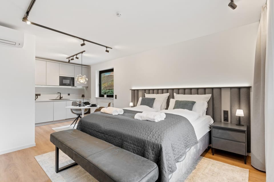 Bed, TV and multimedia, Kitchen or kitchenette, Living room, Photo of the whole room, Seating area, Bedroom, towels, air conditioner