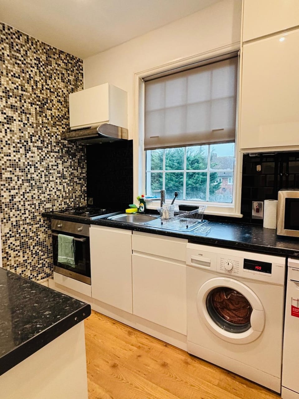 Kitchen or kitchenette, dishwasher, stove
