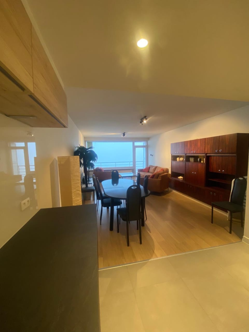 Kitchen or kitchenette, Living room, Seating area, Dining area