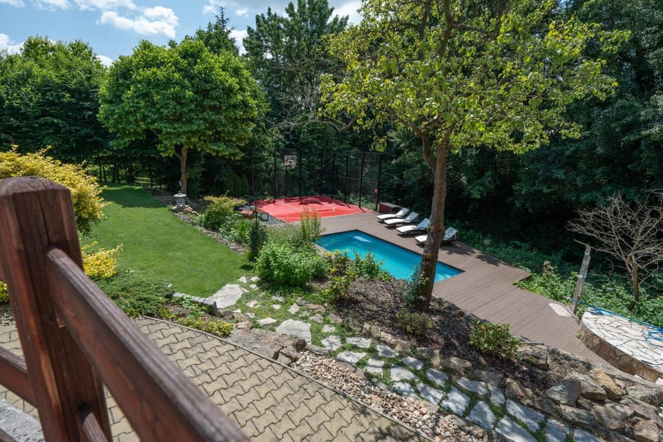 Natural landscape, Garden, Garden view, Pool view, Swimming pool, sunbed