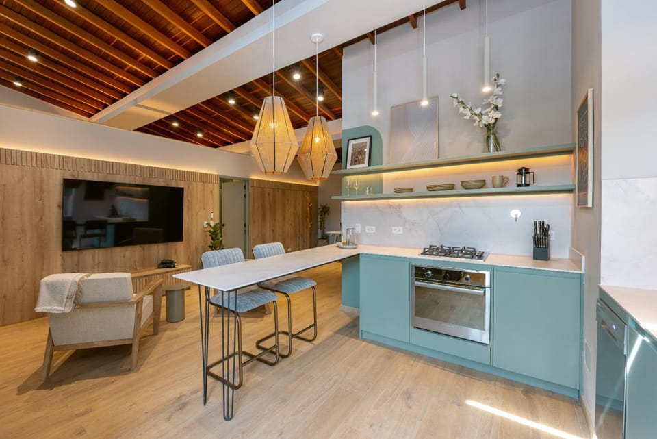 Kitchen or kitchenette, Living room, Dining area, dishwasher, oven, stove