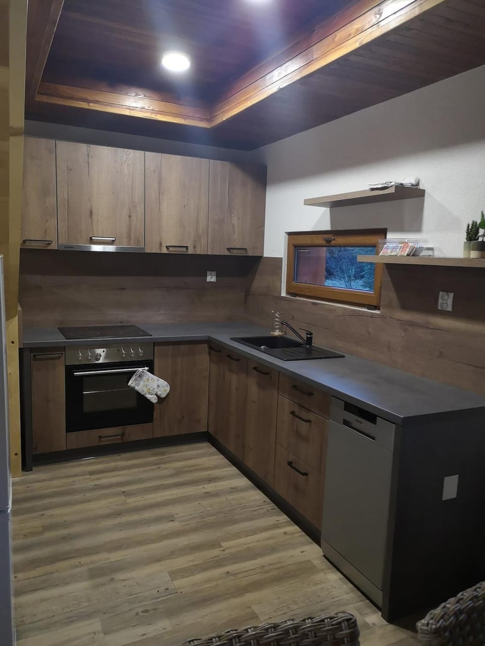 Kitchen or kitchenette, dishwasher, stove