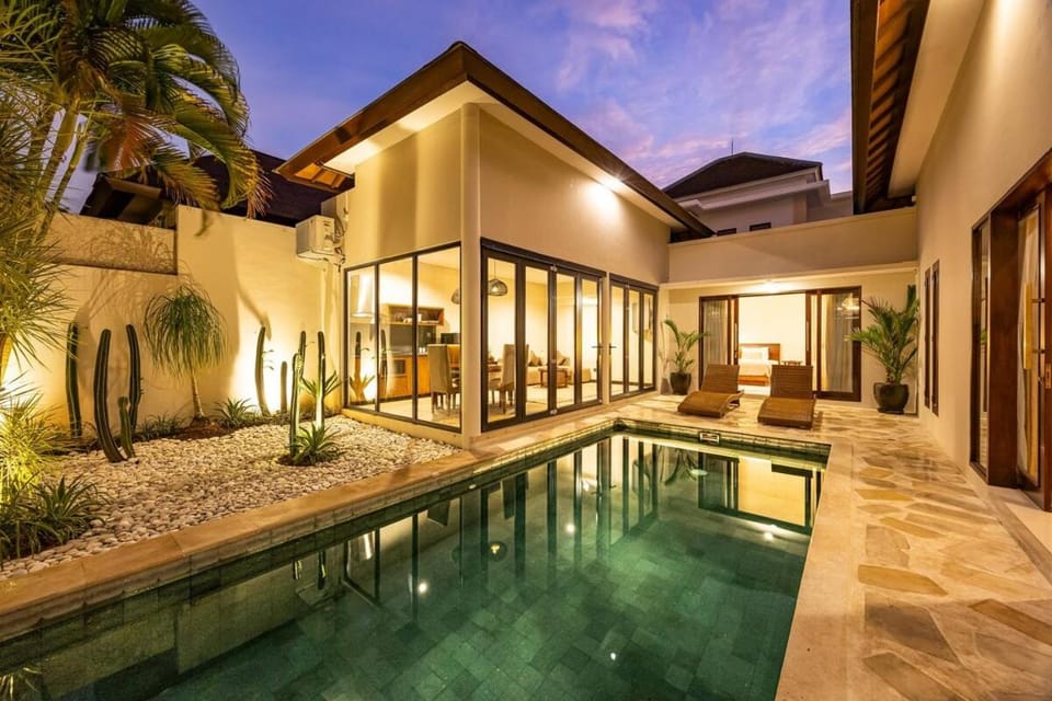 Property building, Patio, Night, Pool view