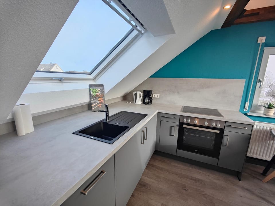 Kitchen or kitchenette, dishwasher, stove