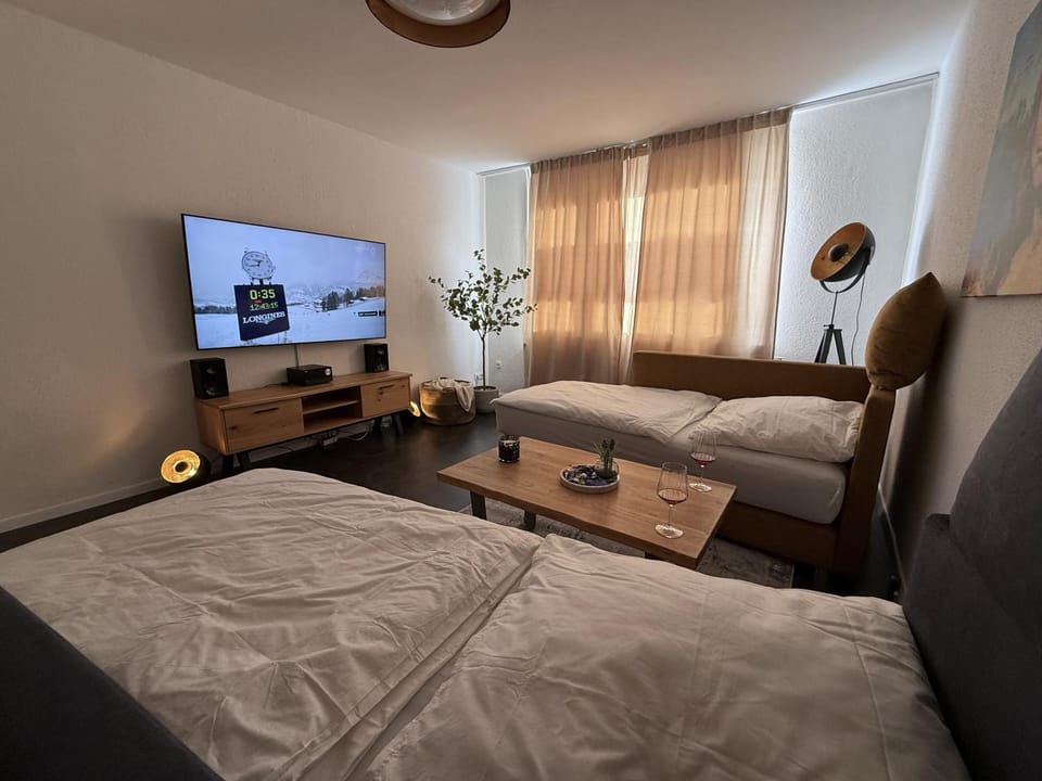 Bed, TV and multimedia, Living room, Photo of the whole room, Seating area, Bedroom