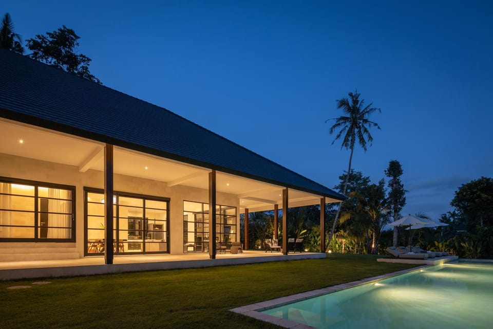 Property building, Night, Garden, Swimming pool