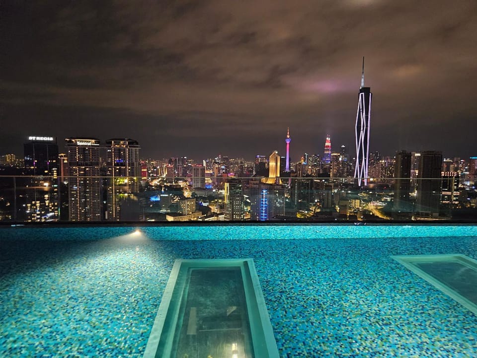 Night, City view, Pool view, Swimming pool