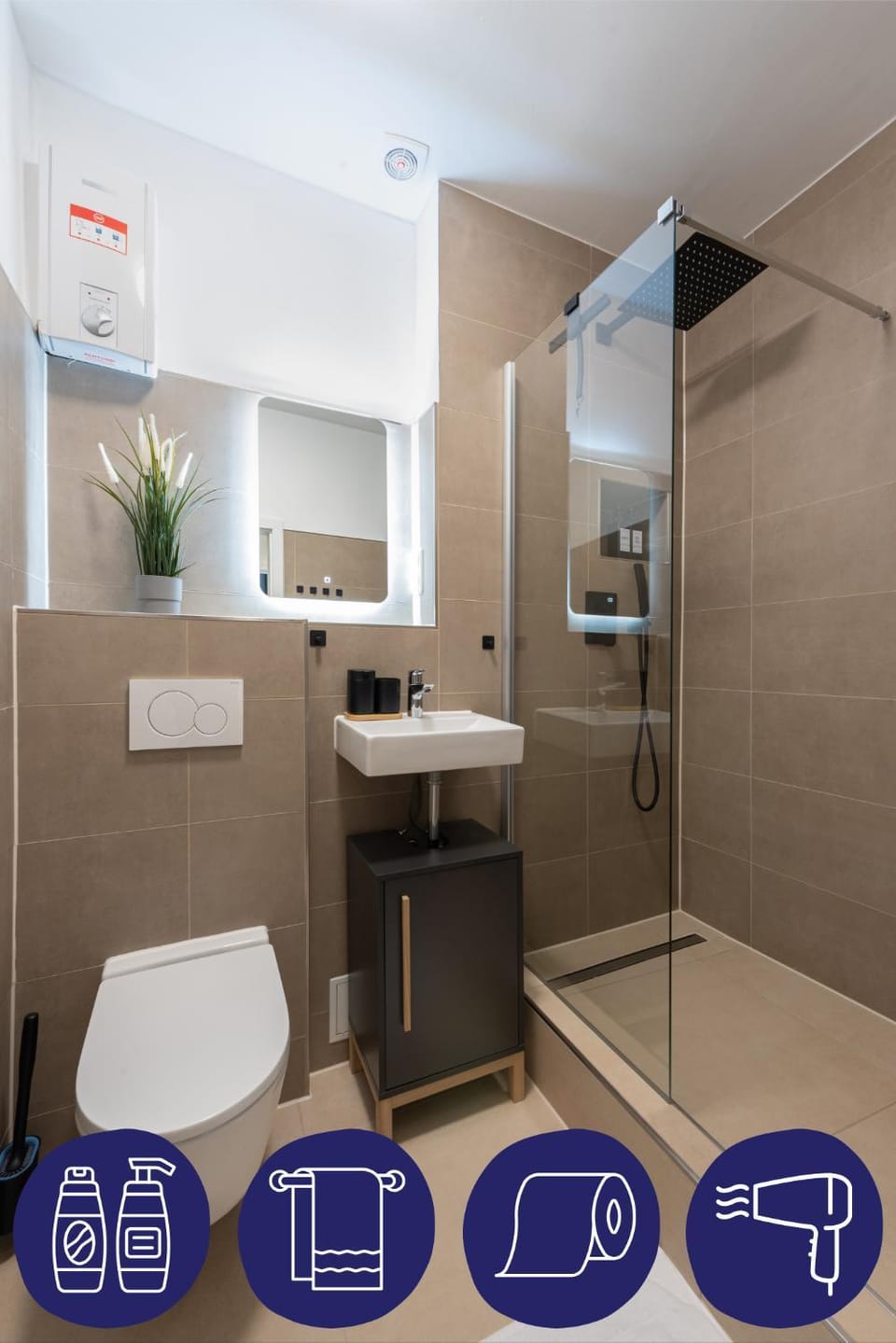 Shower, Toilet, Bathroom, hair dryier, towels