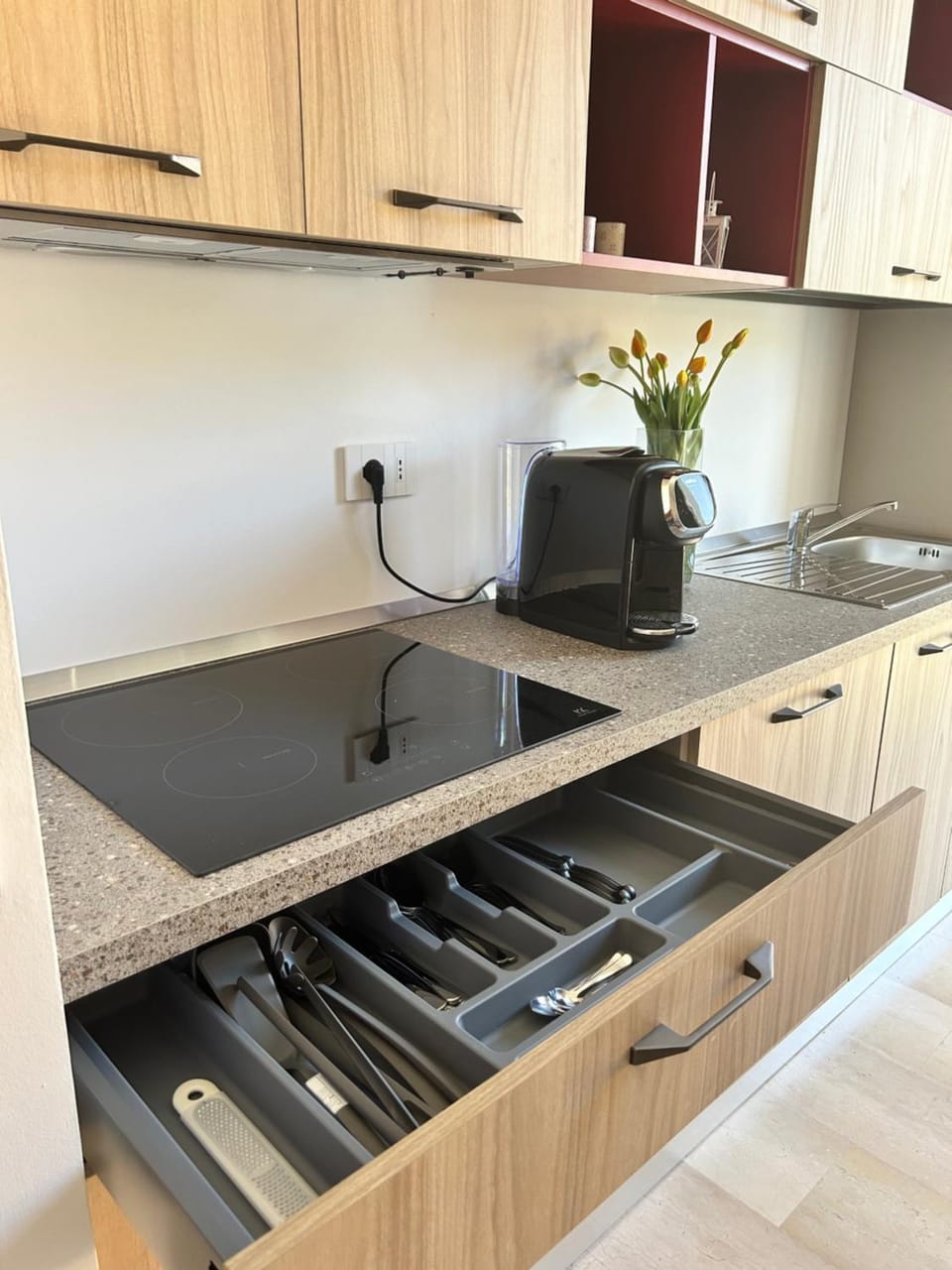 Kitchen or kitchenette, dishwasher, stove