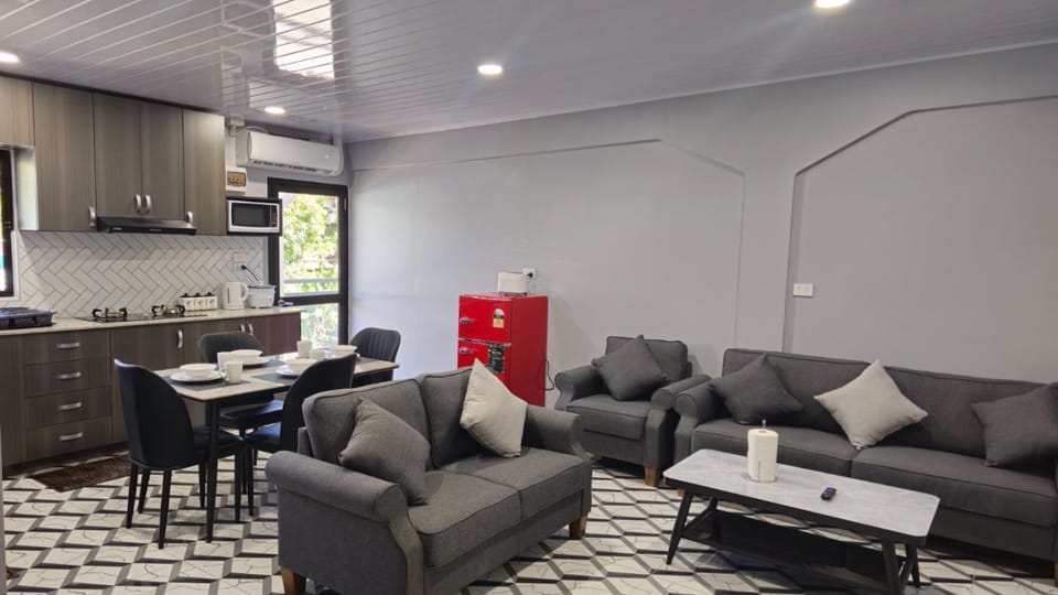 Kitchen or kitchenette, Living room, Seating area, Dining area, stove
