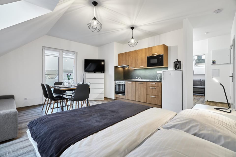 Bed, TV and multimedia, Kitchen or kitchenette, Living room, Photo of the whole room, Seating area, oven