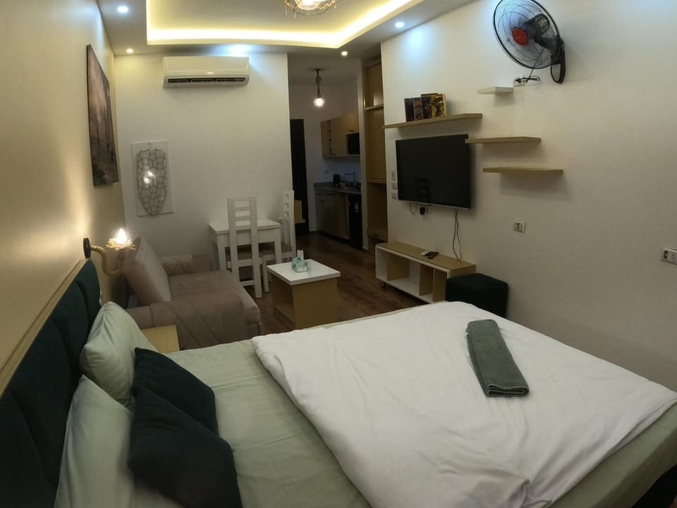 Communal lounge/ TV room, Bed, TV and multimedia, Living room, Photo of the whole room, Seating area, Bedroom, towels, air conditioner