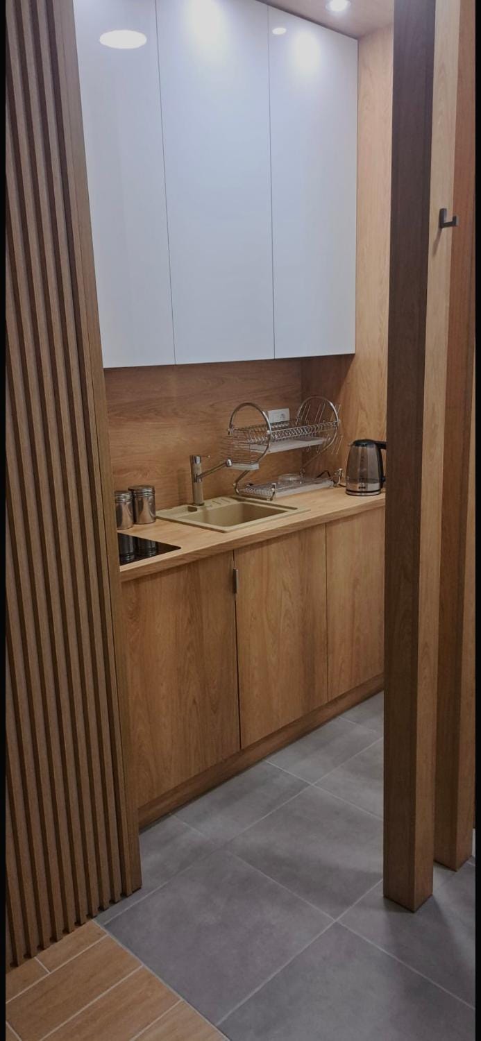 Kitchen or kitchenette, stove