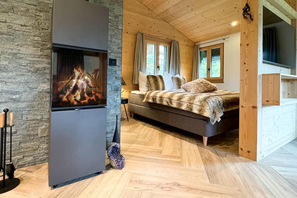 Bed, wardrobe