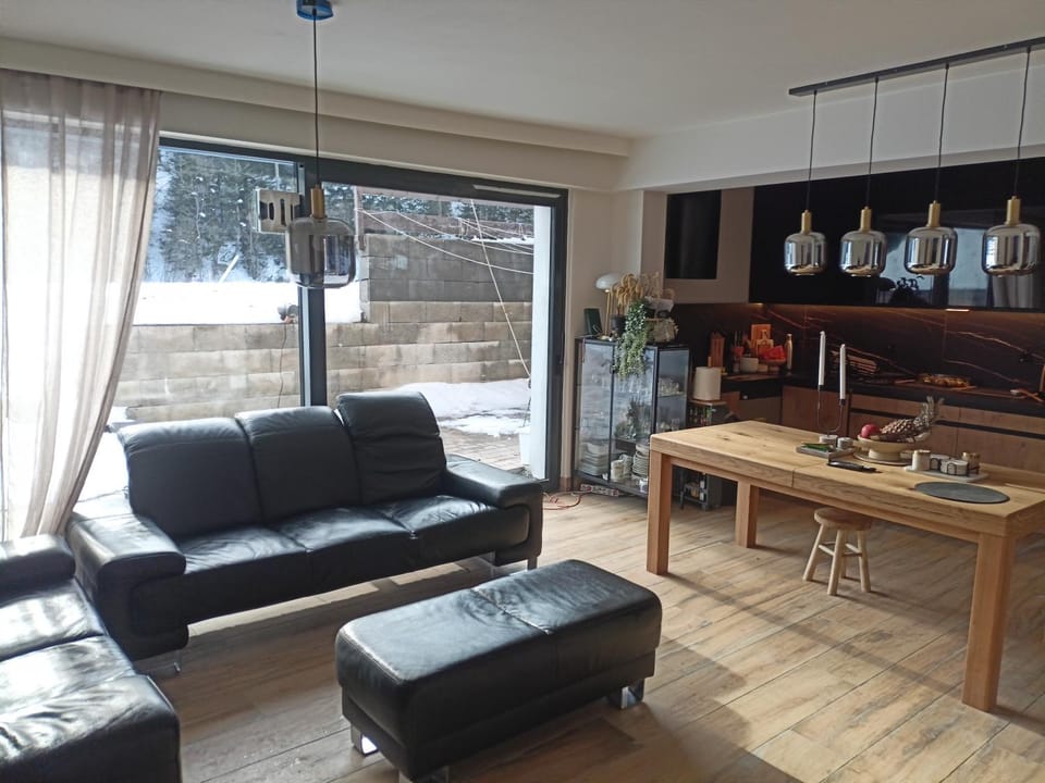 Kitchen or kitchenette, Living room, Seating area, Dining area