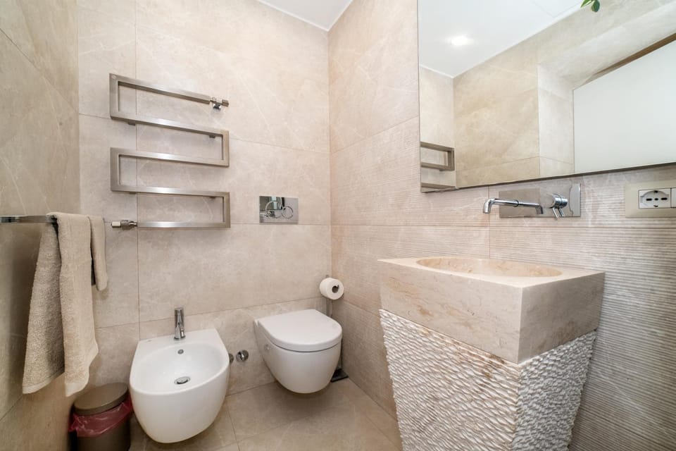 Shower, Bathroom, bidet, hair dryier, towels