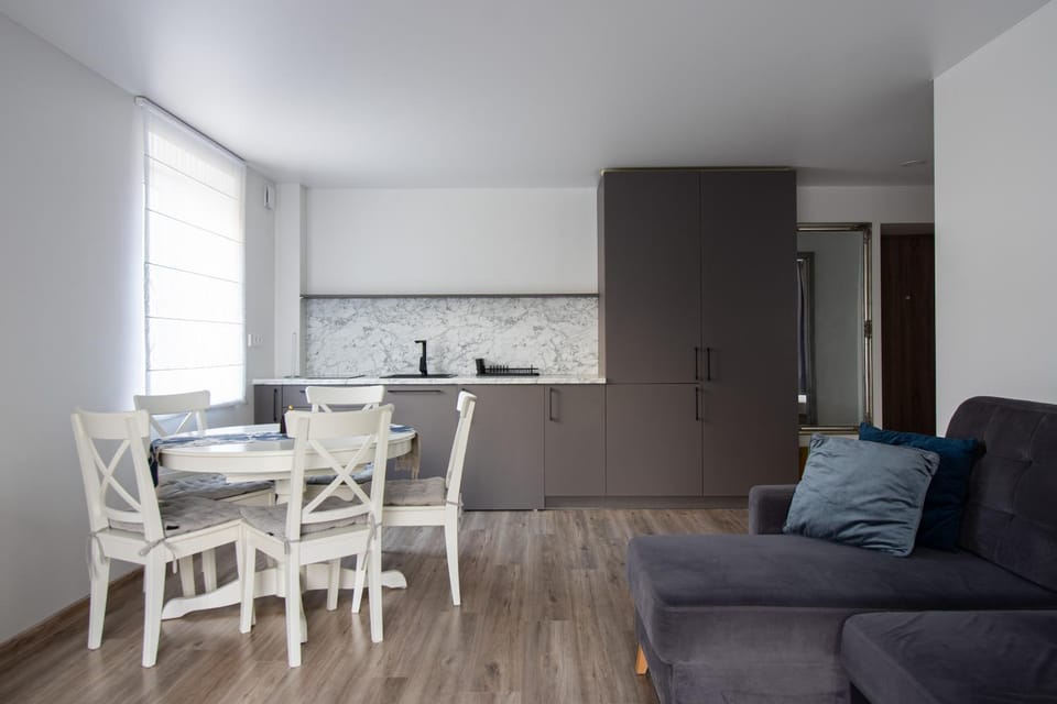 Kitchen or kitchenette, Living room, Seating area, Dining area