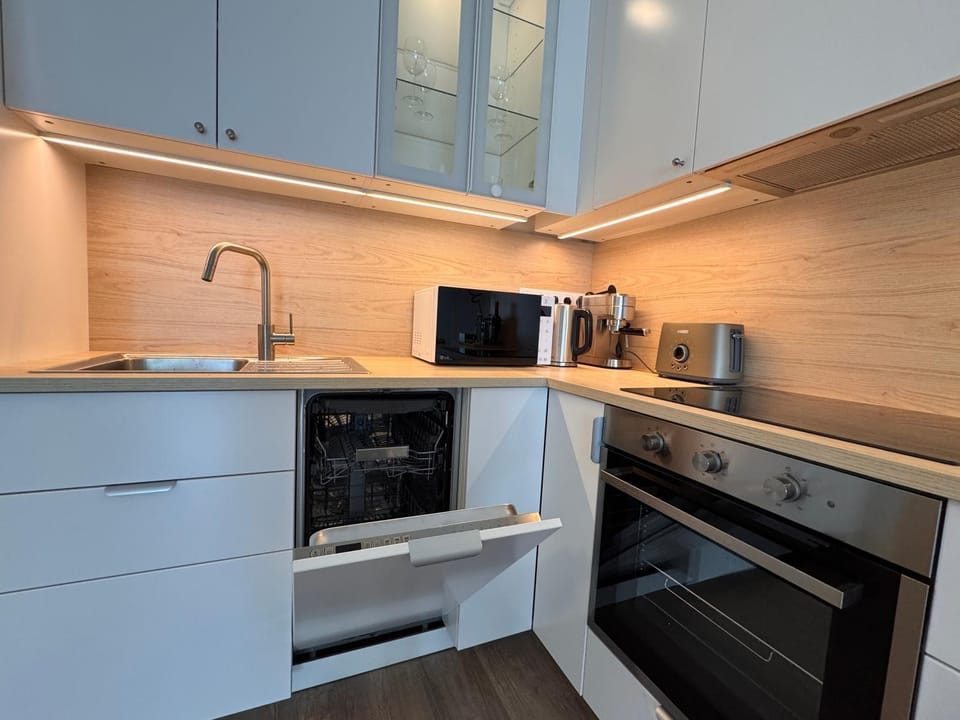 Kitchen or kitchenette, microwave